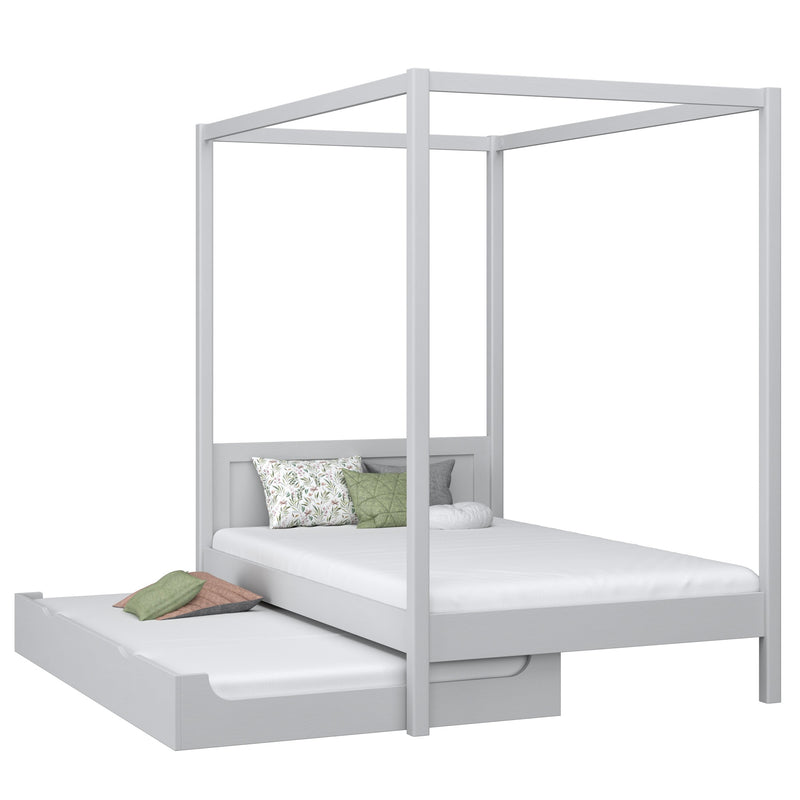 Wooden canopy bed with mattress drawer grey – scandi child’s room