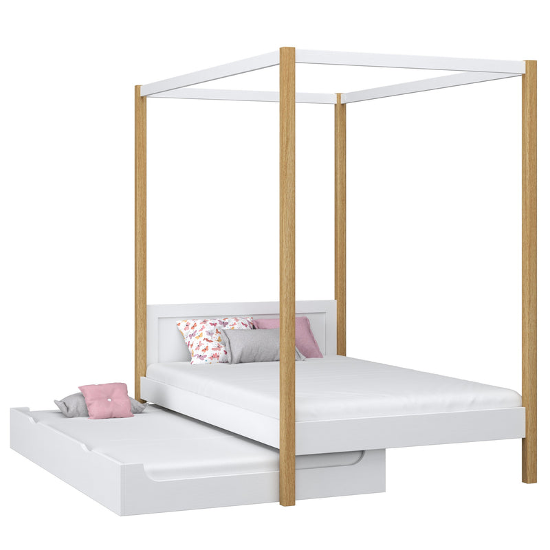 Wooden canopy bed with mattress drawer white-oak – scandi child’s room