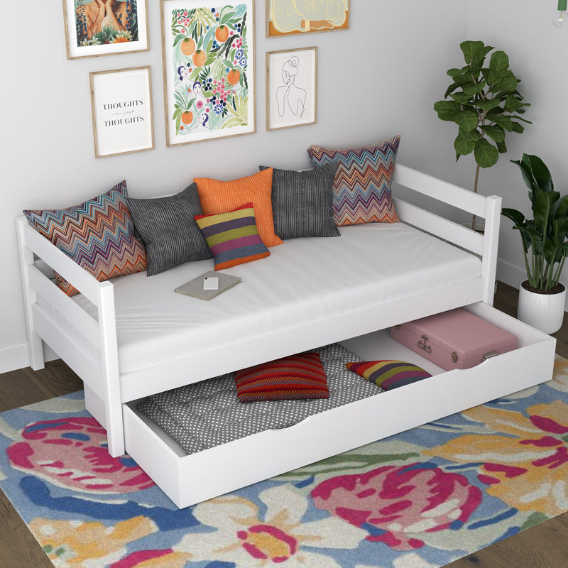 Łóżko sofa z szufladą drewniane biały – pokój dziecięcy, styl scandi Nizio