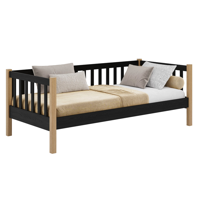 Juoda medinė sofa-lova su ąžuolu - vaikų kambarys, skandinaviško stiliaus Nizio