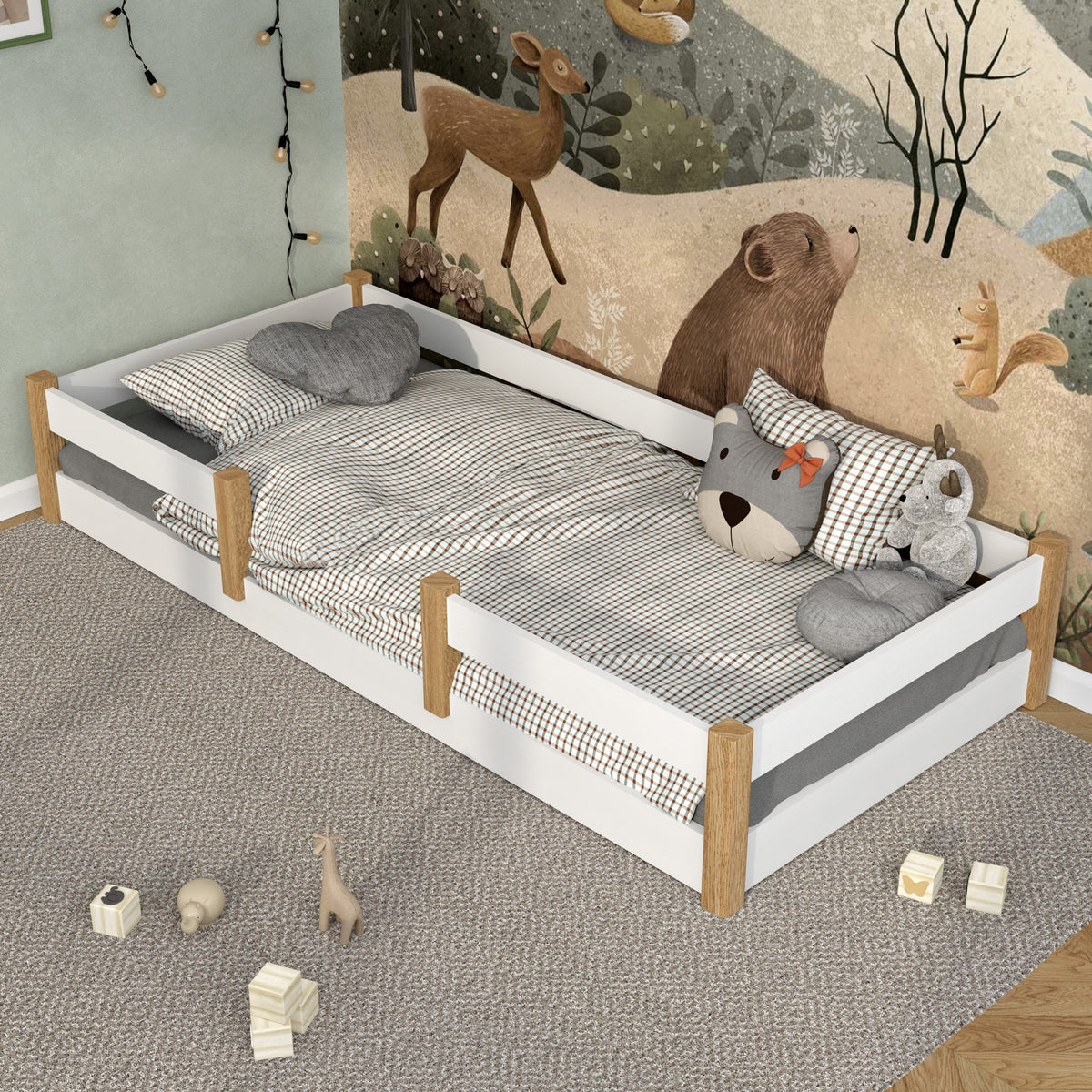 Balta ir ąžuolinė žema medinė lova - sandūrų detalės, Nizio Home