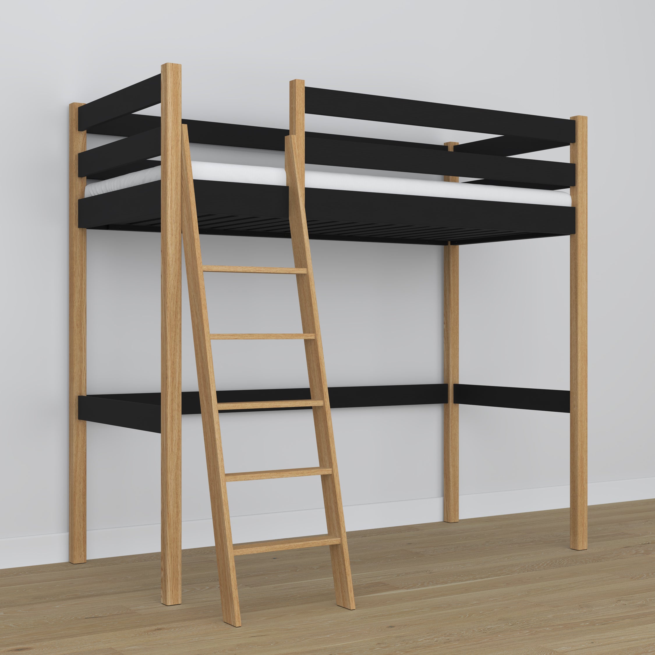 Loft bed black/oak wooden – dimensions and diagram, Nizio