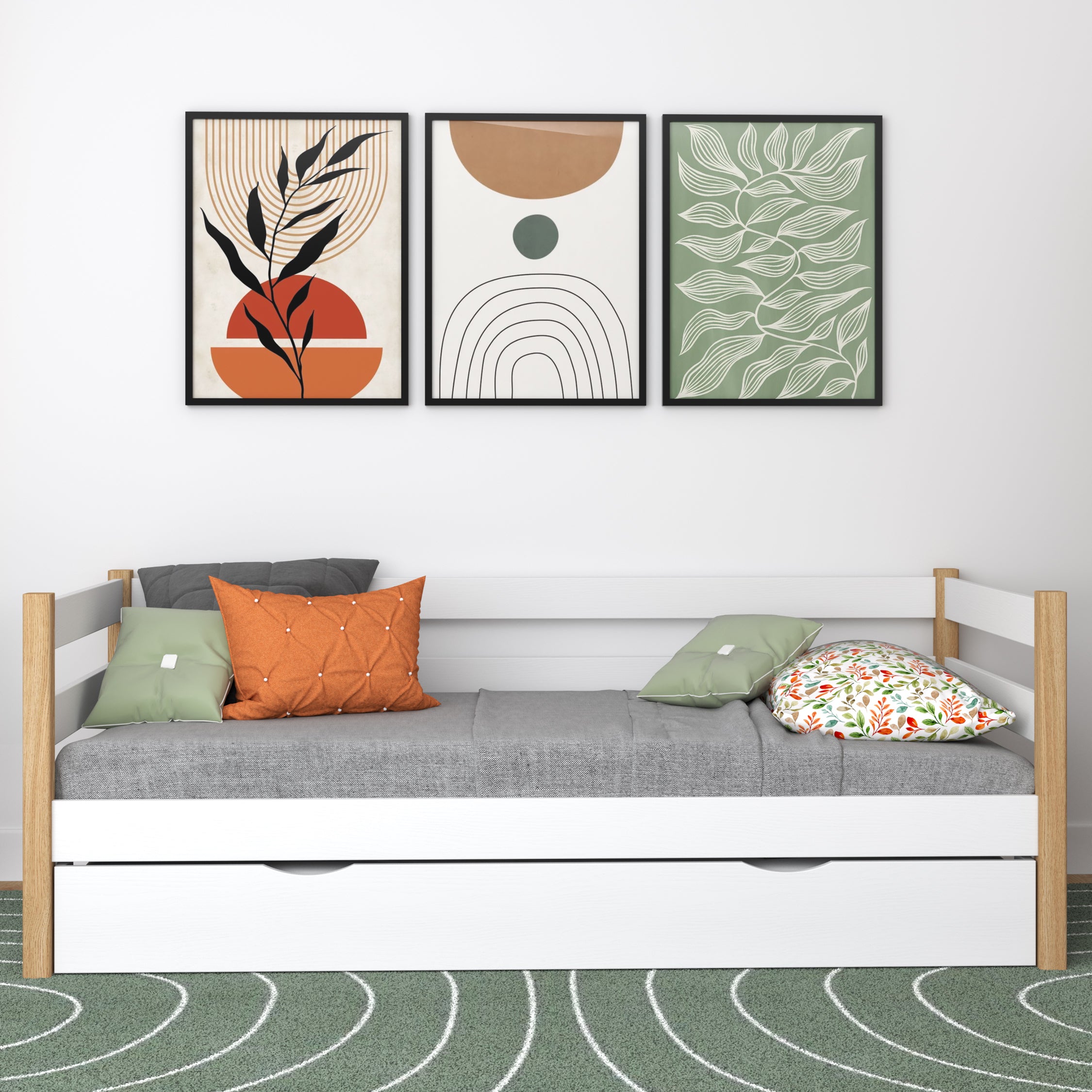 Balta ir ąžuolinė sofa-lova – medinė šoninė užtvara, vaizdas iš šono, Nizio