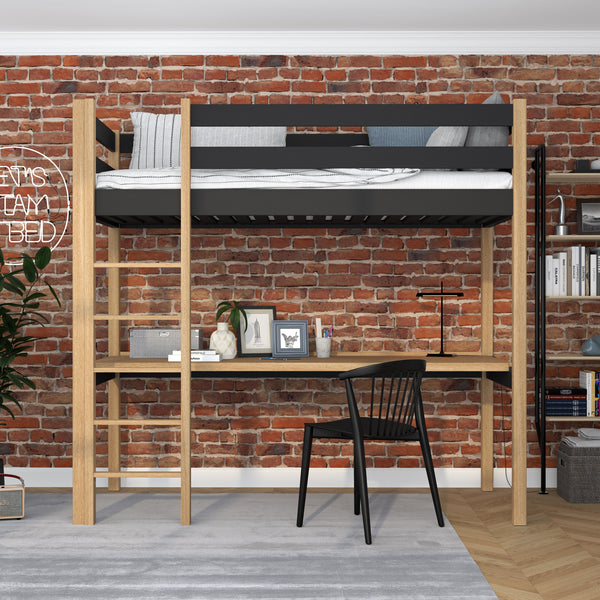 Loft bed black/oak with desk – study space under the sleeping area, wooden