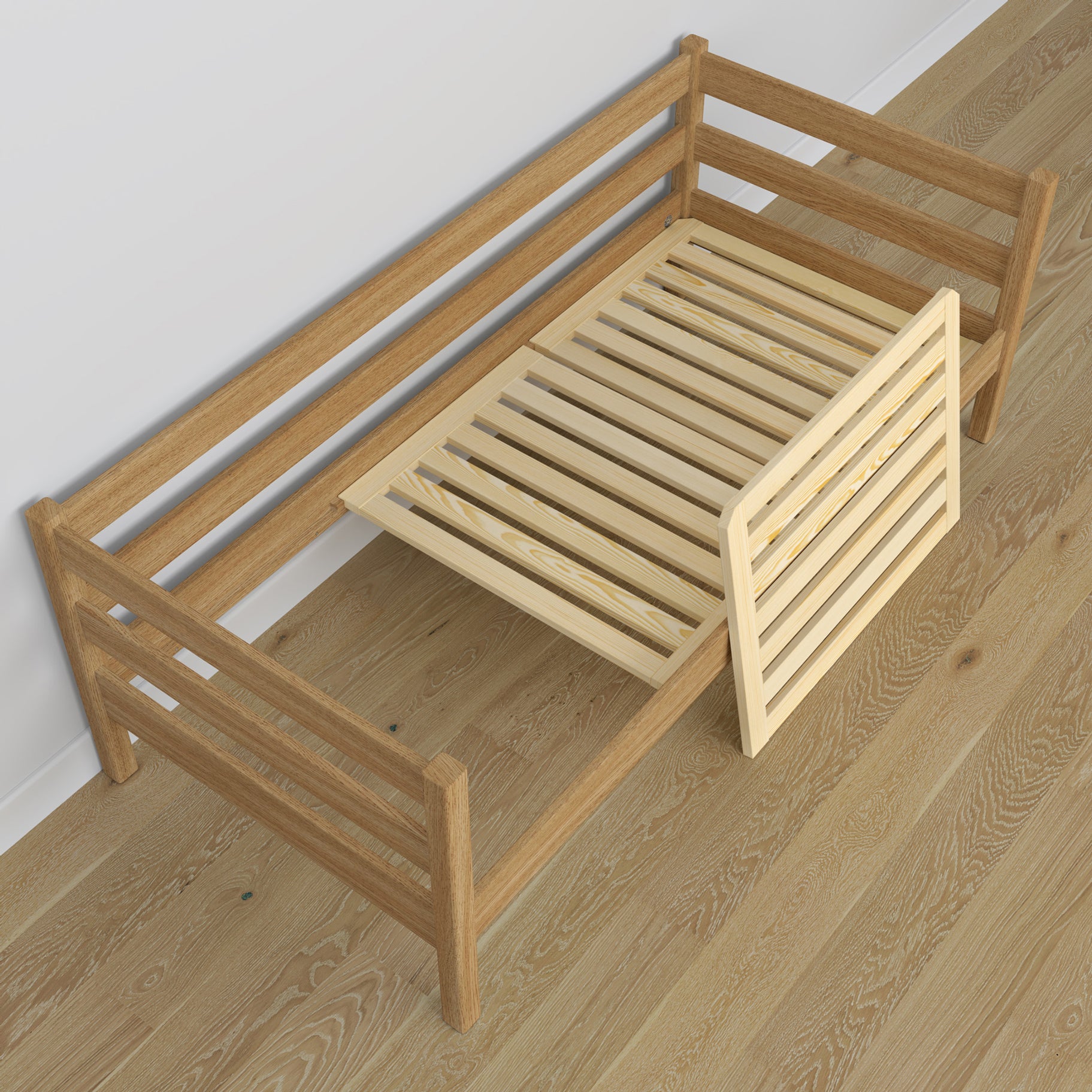 Natūralaus ąžuolo sofa-lova - vaizdas įstrižai, skandi