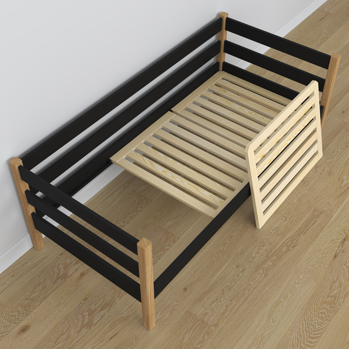 Juodos ir ąžuolo medinė sofa-lova - vaizdas nuo galvūgalio, vaikų kambarys