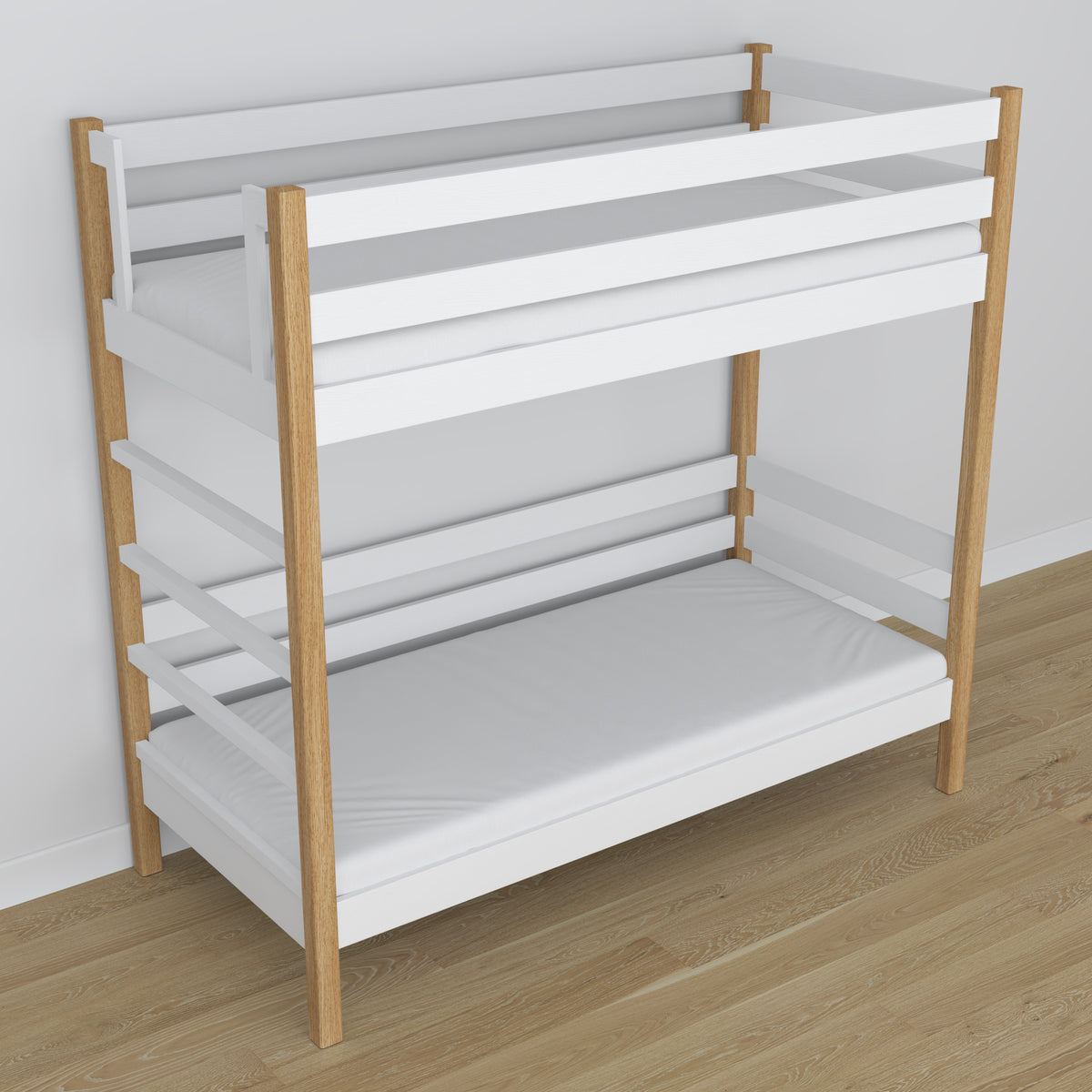 Balta ir ąžuolinė dviaukštė lova - medinė kampinė sofa, darbo kokybė stambiu planu