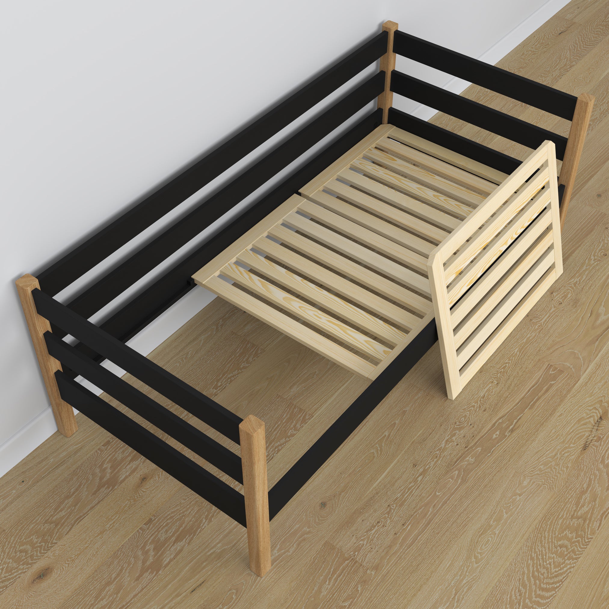 Sofa-lova su stalčiumi ant juodo ir ąžuolinio medinio čiužinio - išmatavimai, Nizio