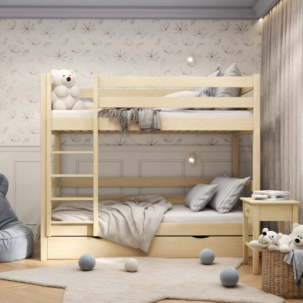 Clear Pine Wooden Bunk Bed with Drawer – Children’s Room, Solid Wood, Scandi