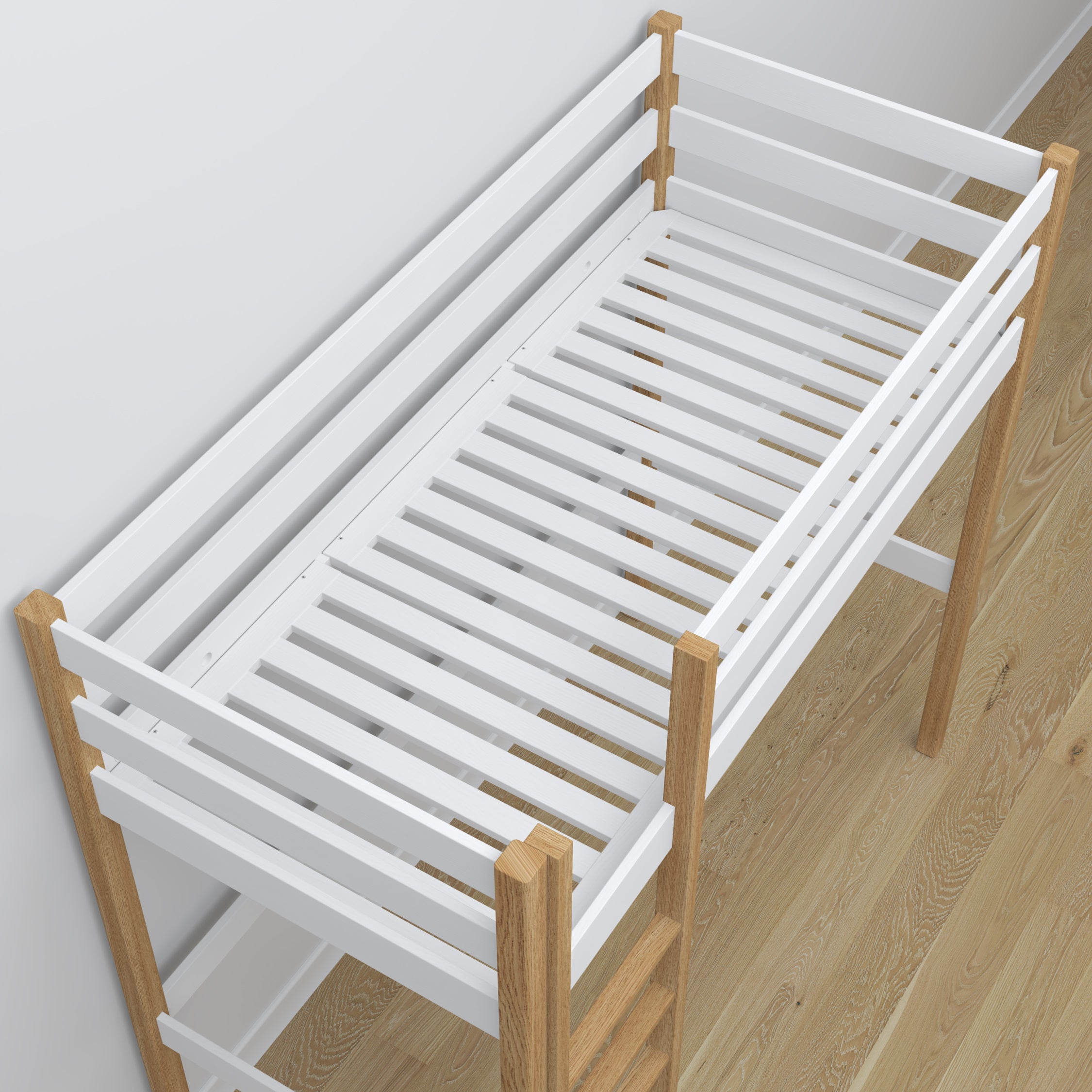 White and Oak Wooden Loft Bed – Ladder and Joint Details, Nizio Home