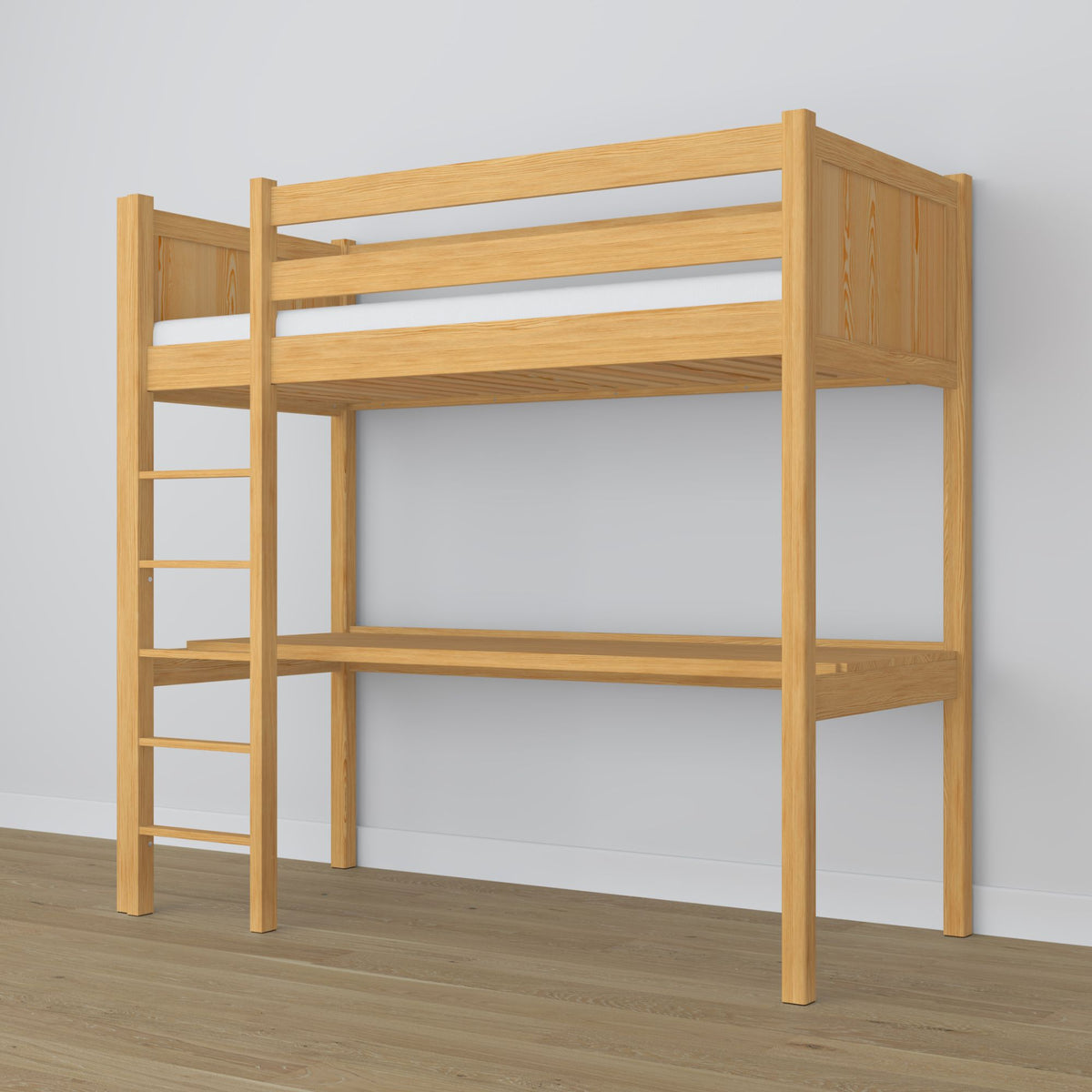 Loft bed natural pine – wooden desk under the sleeping area, scandi children’s room