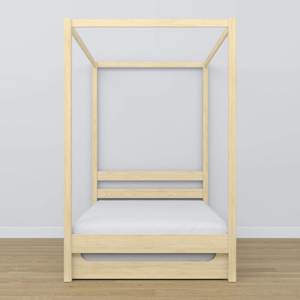 Clear pine canopy bed with drawer – side view, wooden, Nizio