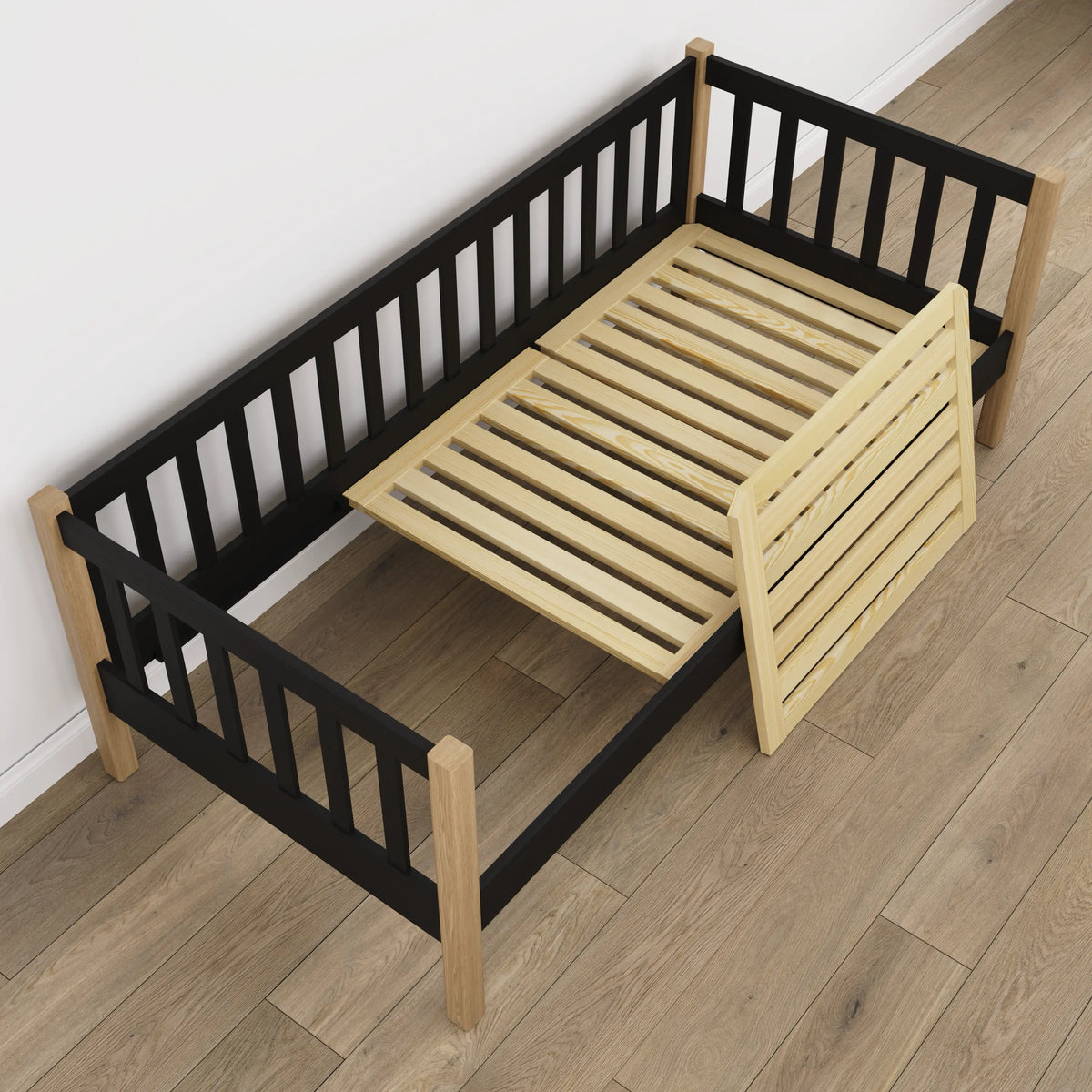 Juoda medinė sofa-lova su ąžuolu - medžio detalės ir sujungimai, Nizio Home