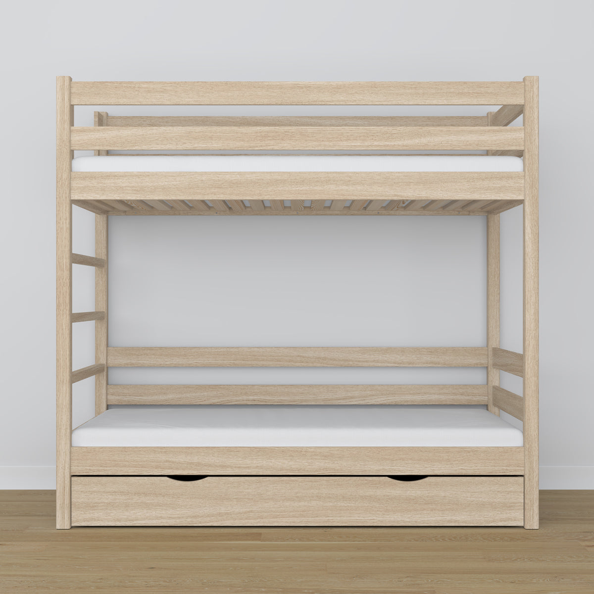 Bunk bed in bleached oak - oak frame with slats, side view
