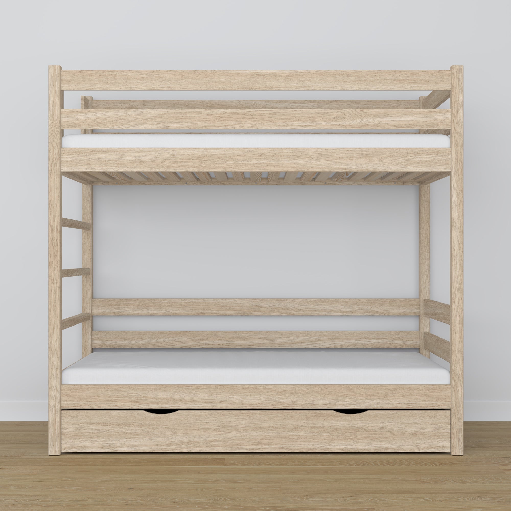 Bunk bed in bleached oak - oak frame with slats, side view