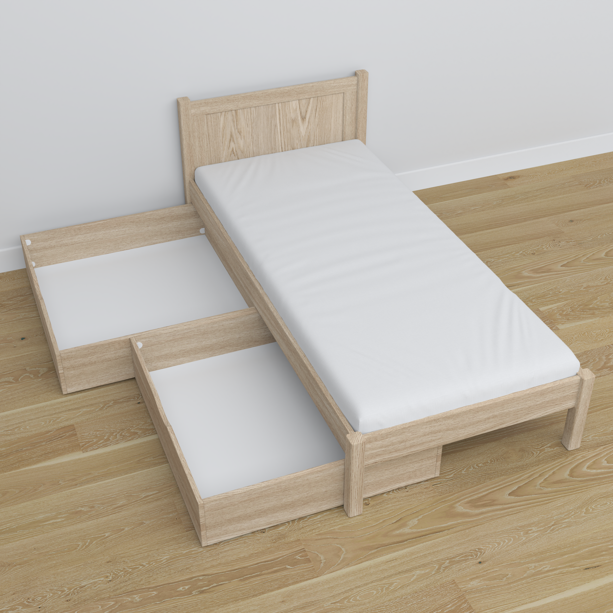 Bleached Oak Bed with Oak Drawer – Angled View