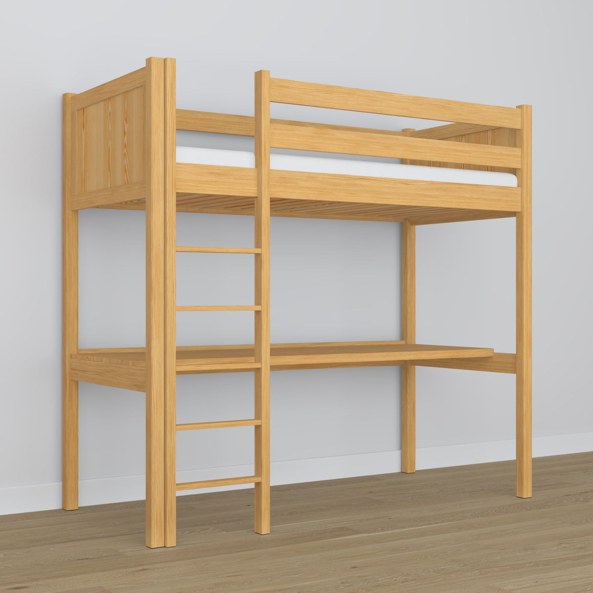 Natural Pine Wooden Loft Bed with Desk – Ladder and Safety Rail