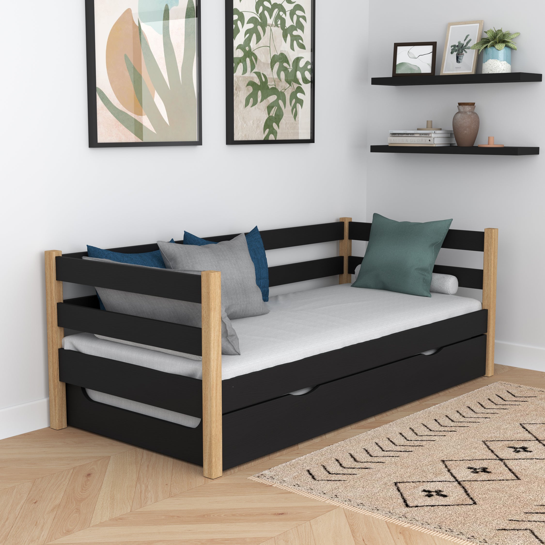 Juodos ir ąžuolo spalvos sofa-lova su čiužinio stalčiumi – medinė, Nizio Home