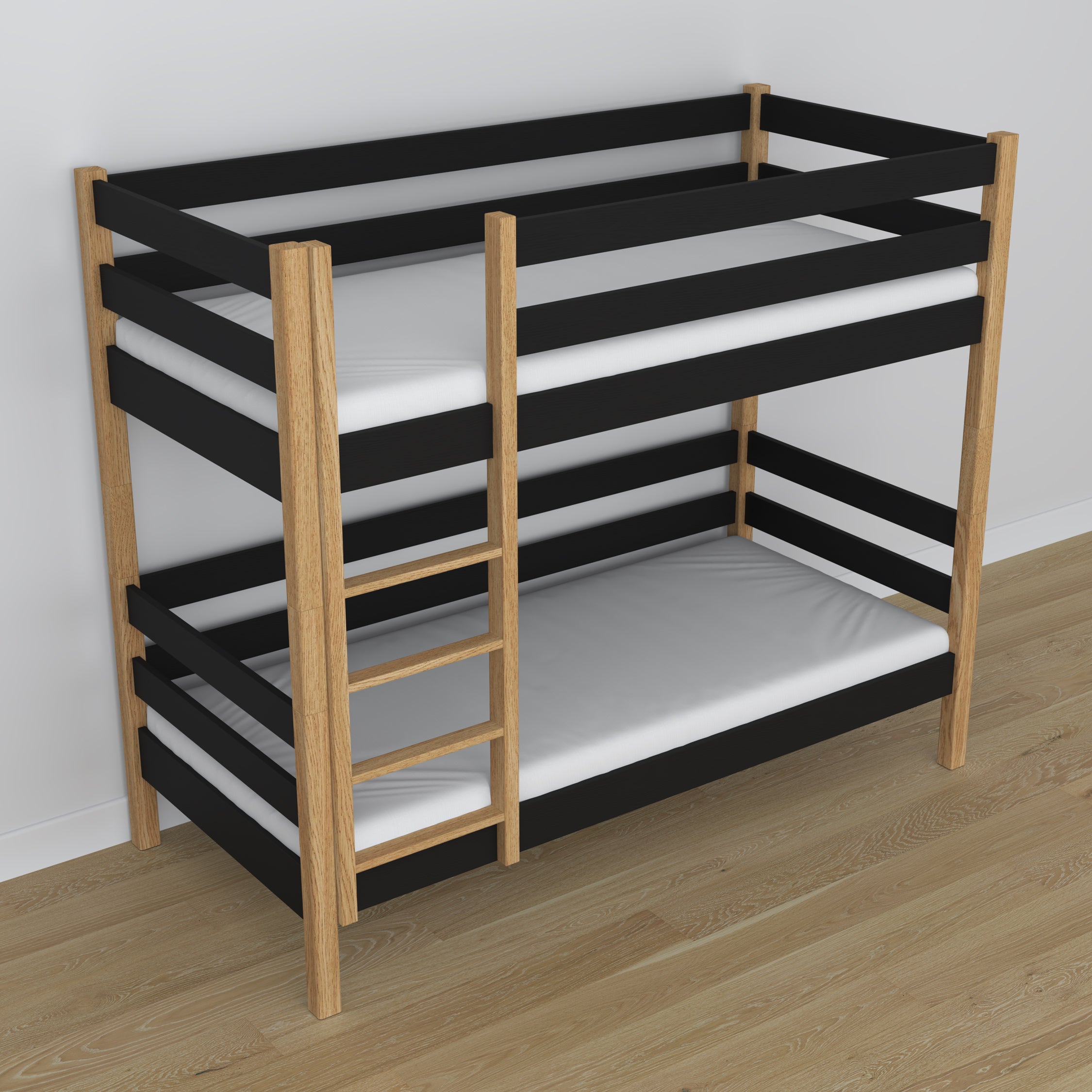 Black and oak bunk bed made of wood - dimensions and diagram, Nizio