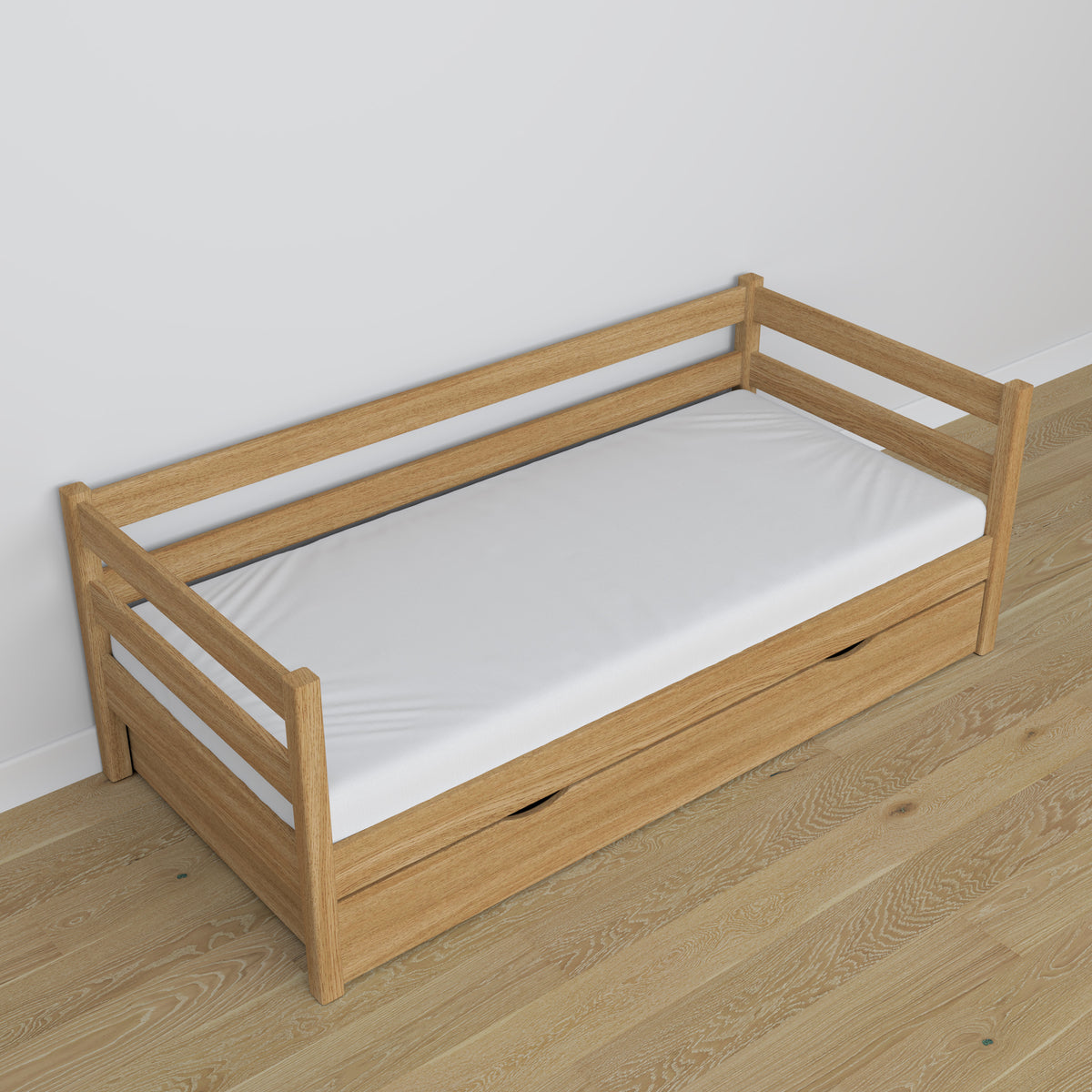 Natūralaus ąžuolo sofa-lova su stalčiumi - vaikų kambarys, skani išdėstymas