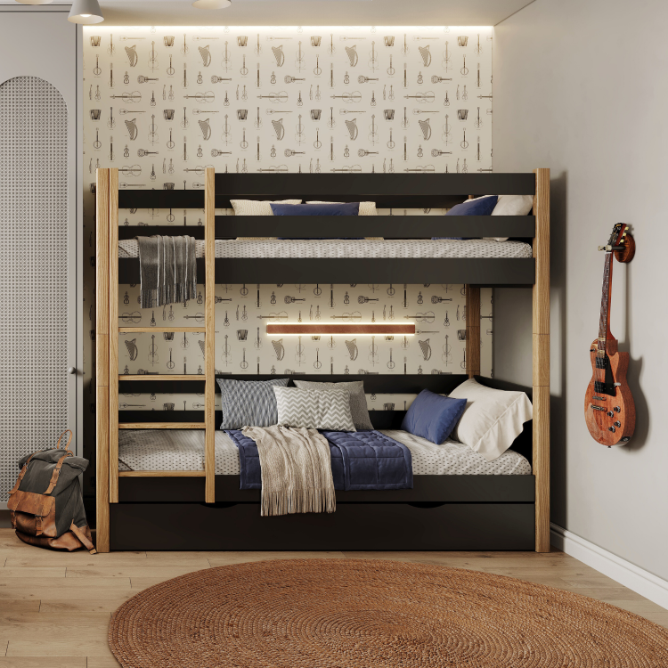 Black and oak bunk bed with a drawer - wooden railing and ladder, Nizio