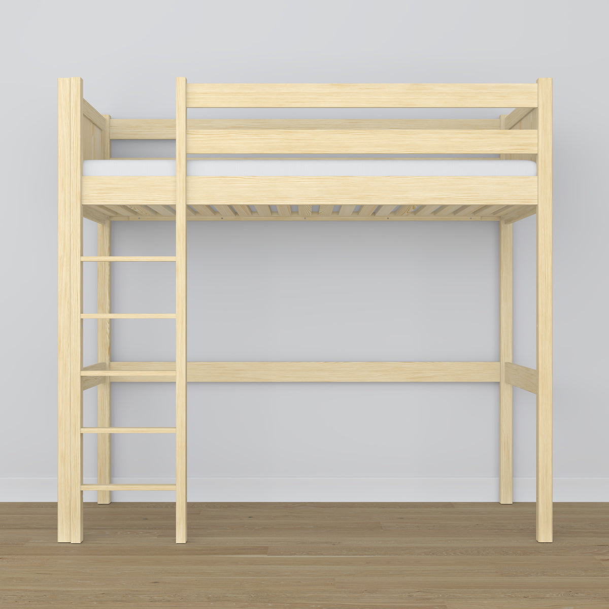 Loft bed clear pine – wooden ladder and safety rail, Nizio Home