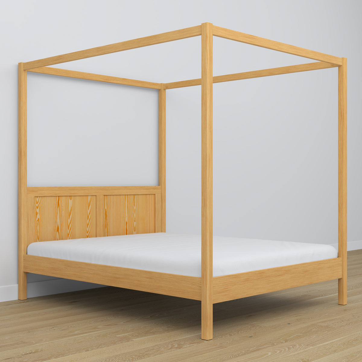 Double bed natural pine with canopy – decorative wooden frame, scandi