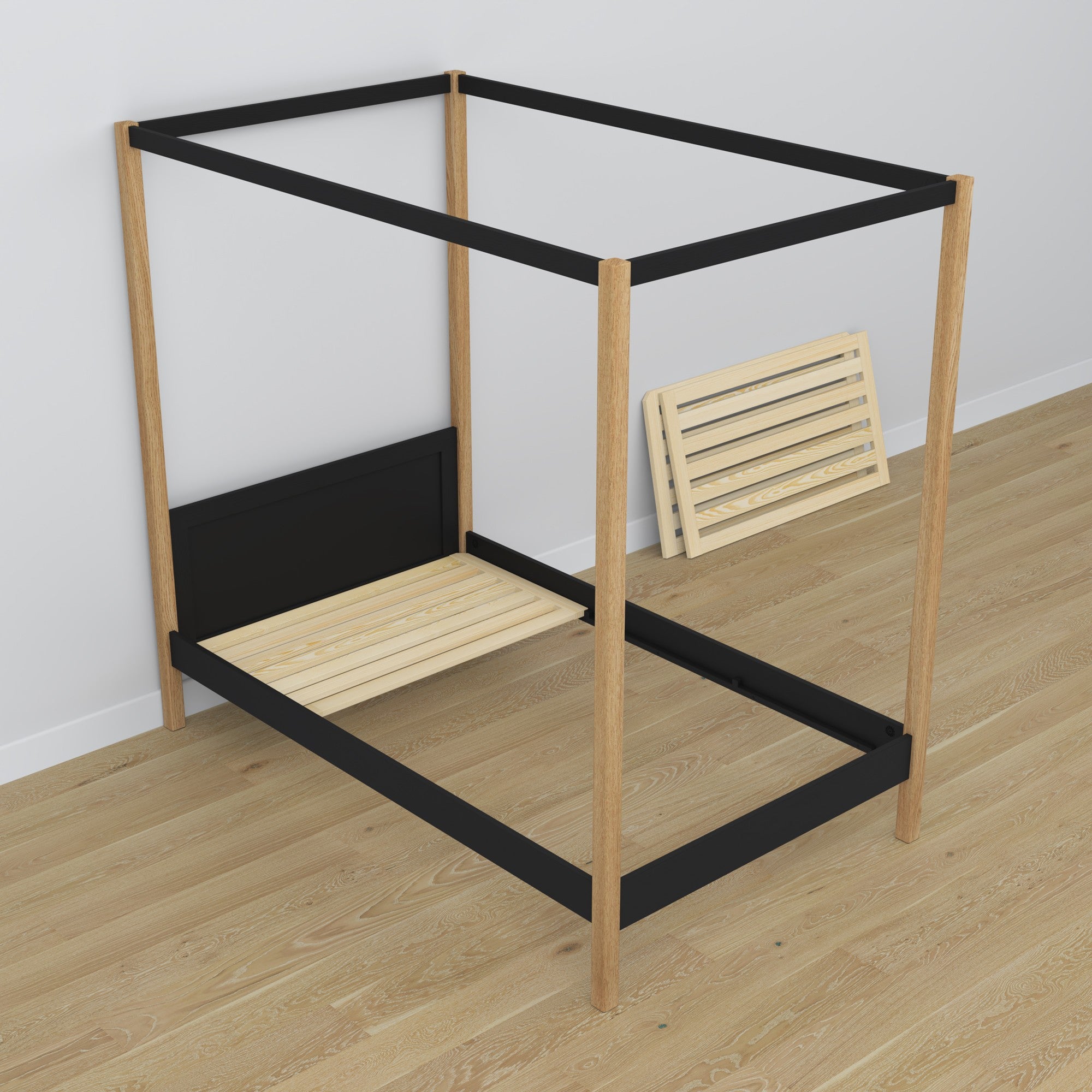 Wooden black-oak canopy bed – scandi child’s room arrangement