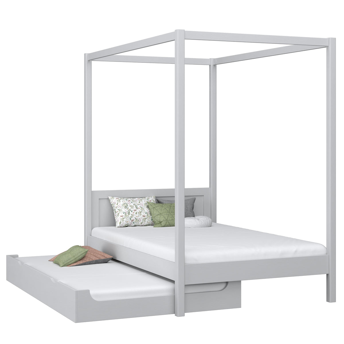 Wooden canopy bed with mattress drawer grey – scandi child’s room