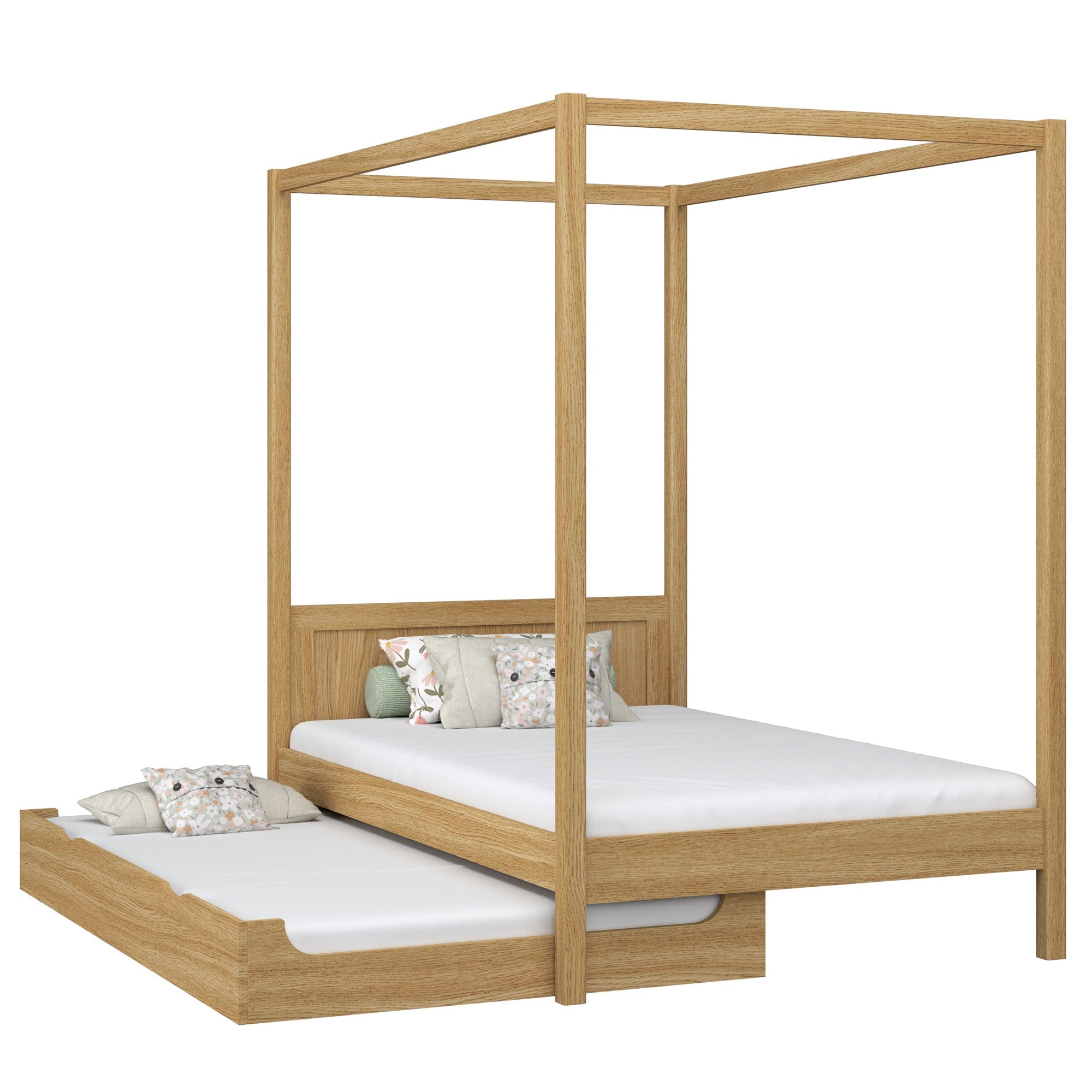 Oak canopy bed with mattress drawer natural oak – scandi child’s room