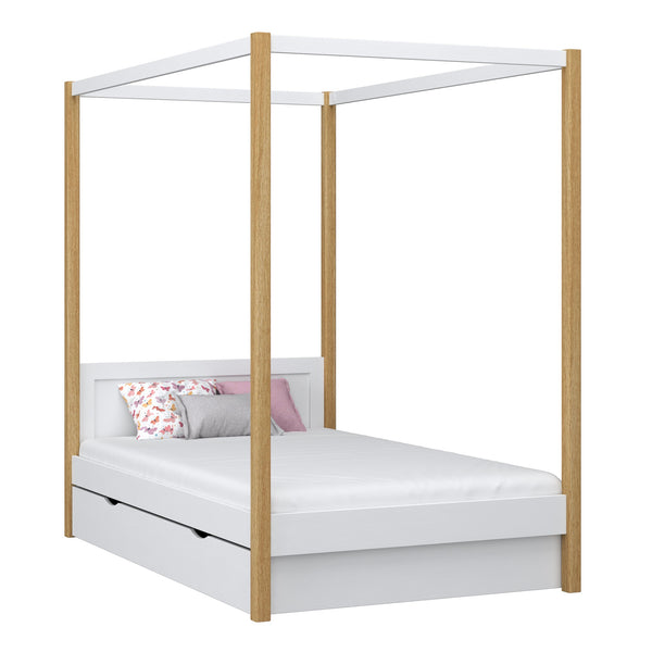 Wooden canopy bed with drawer white-oak – child’s room, scandi style