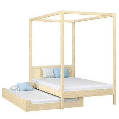Wooden canopy bed with mattress drawer clear pine – scandi child’s room
