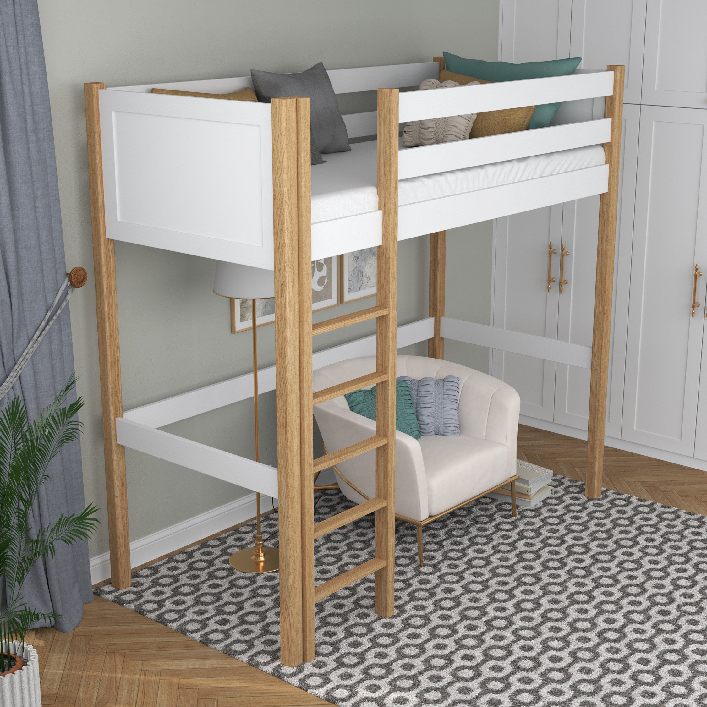 Loft bed white/oak in children’s room – scandi arrangement, wooden