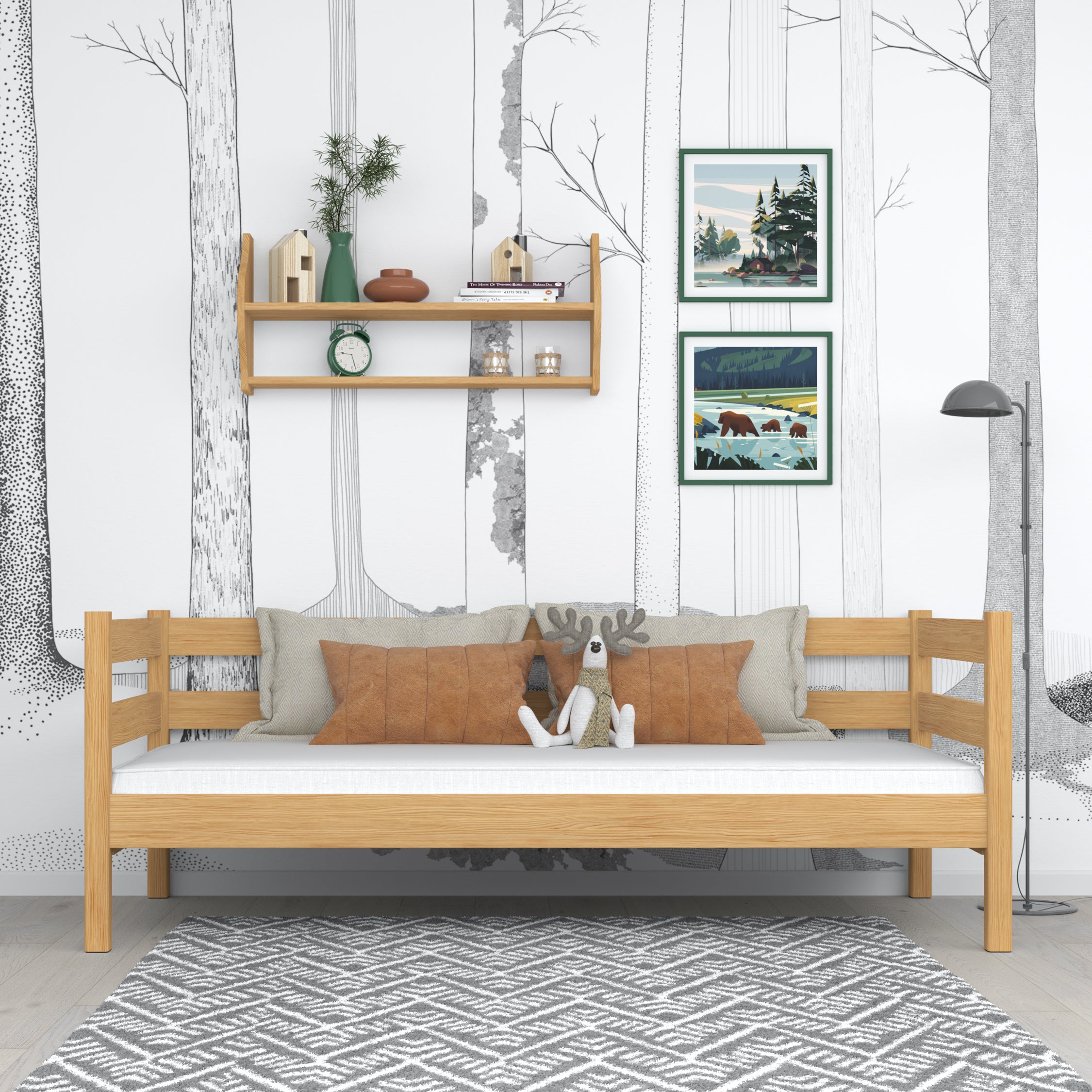 Natūralios pušies sofa-lova - medinis šoninis barjeras, saugus vaikams