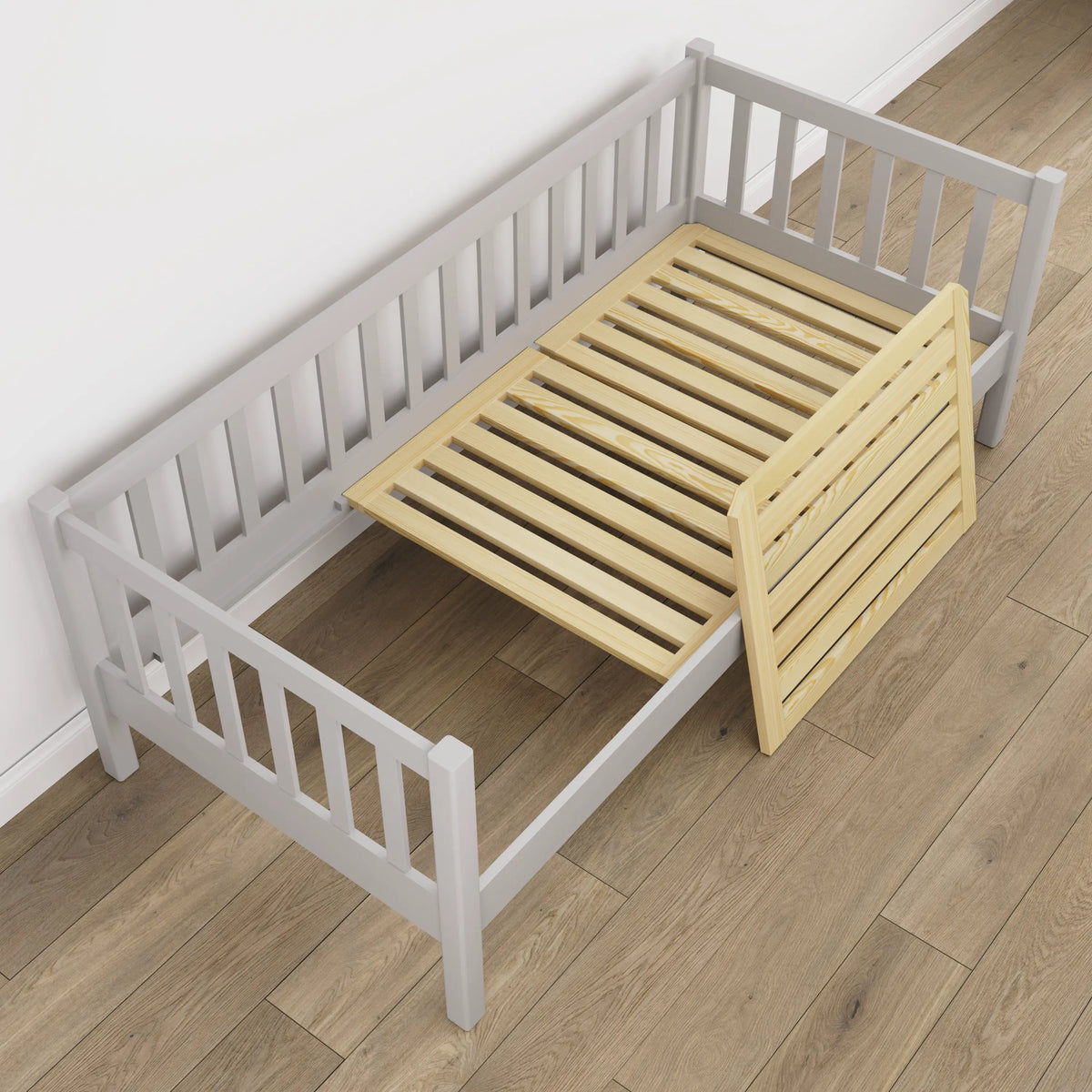 Pilkos spalvos medinė sofa-lova - medžio detalės ir sujungimai, Nizio Home