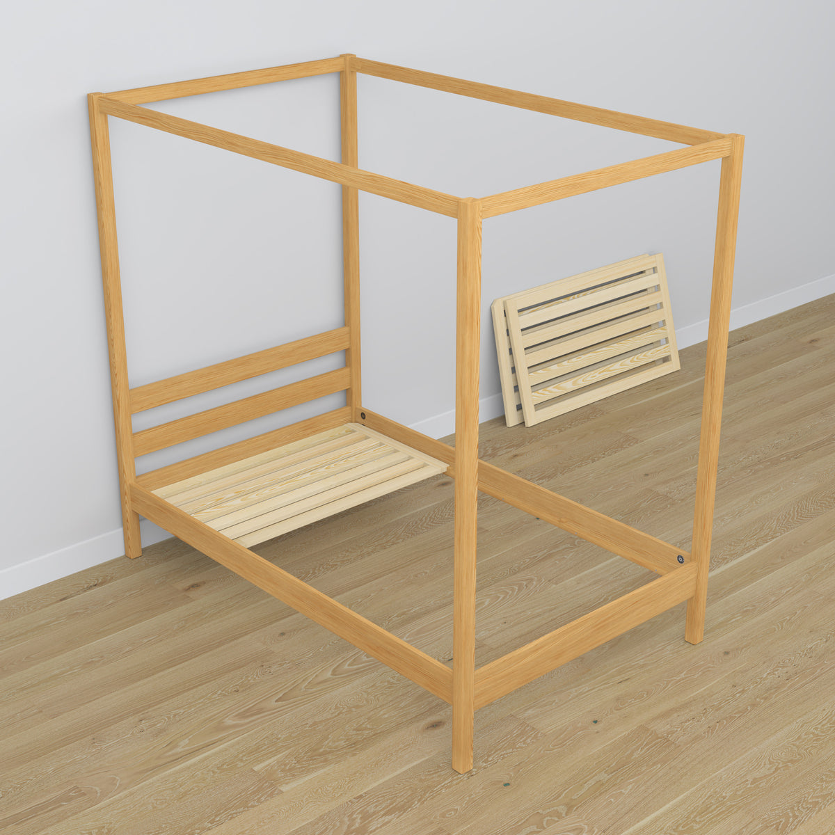 Wooden natural pine canopy bed – scandi child’s room arrangement