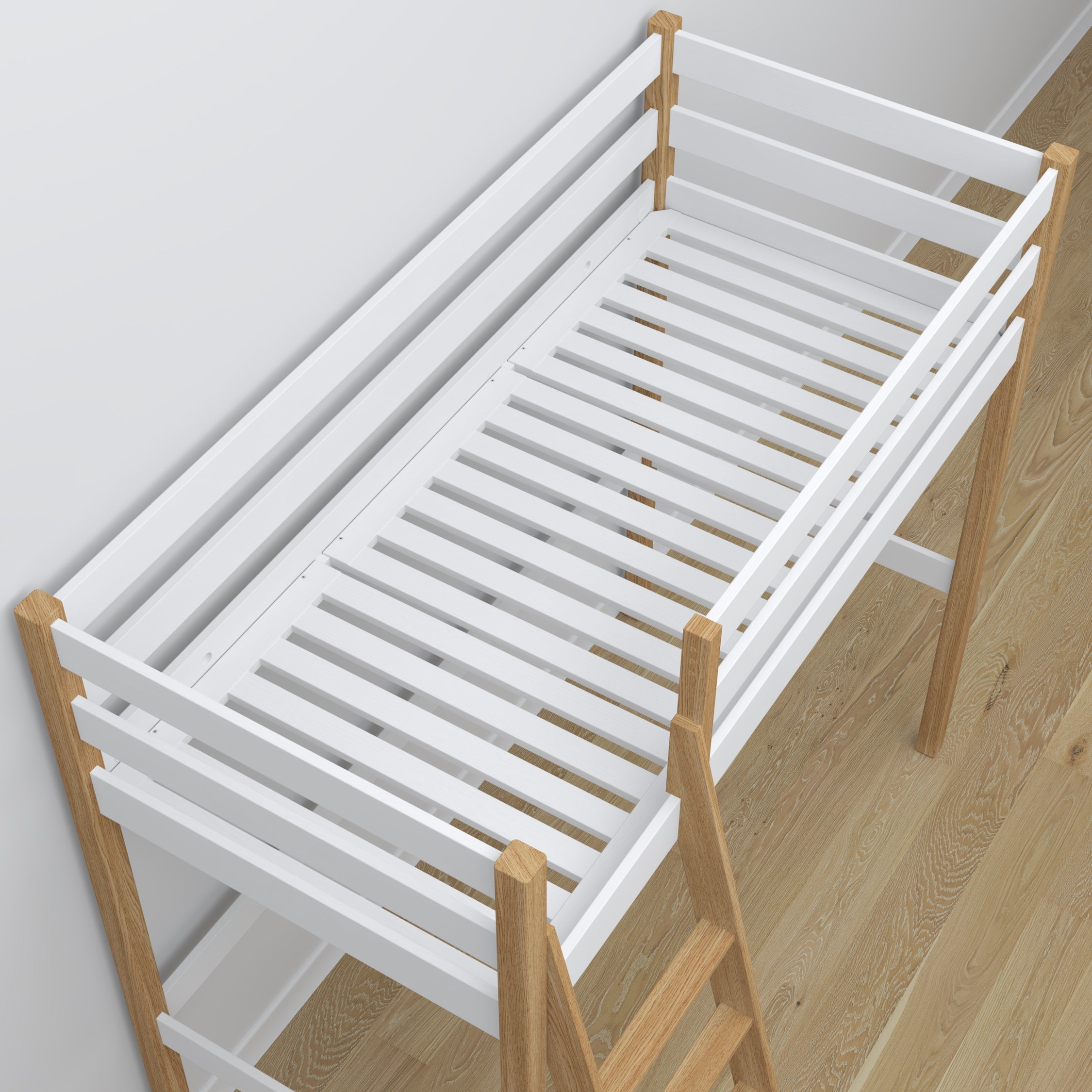 Baltos ir ąžuolinės medinės antresolės lova - sandūrų ir kopėčių detalės, Nizio Home