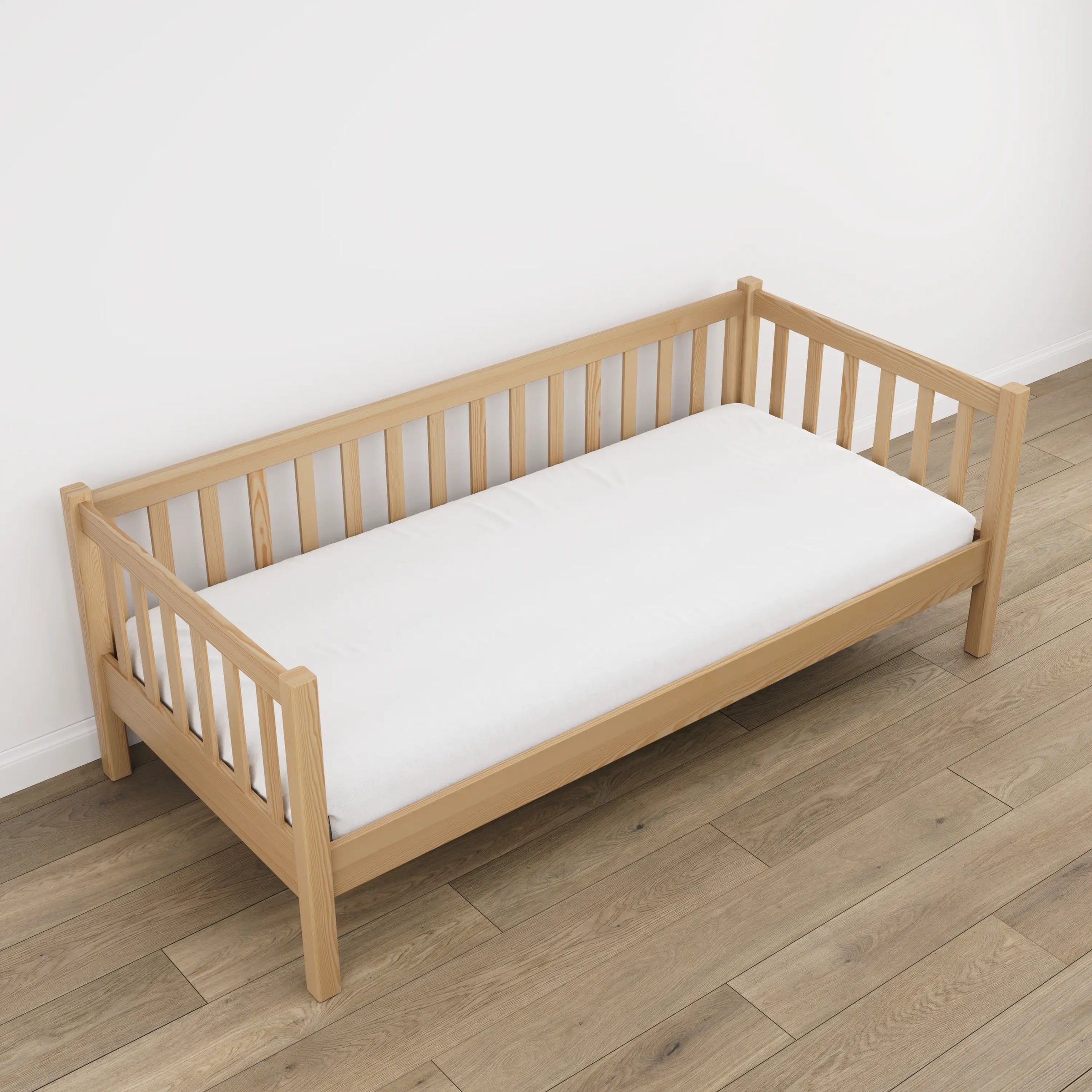 Natūralios pušies sofa-lova vaikų kambaryje - skandi išdėstymas, medinė