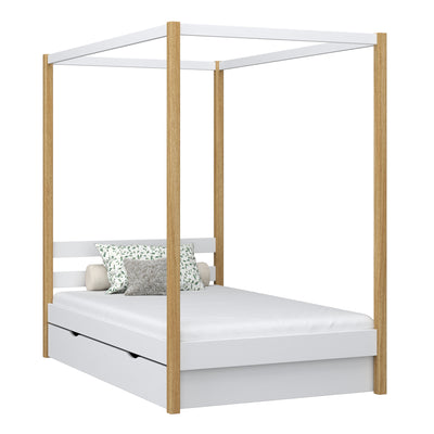 Wooden canopy bed with drawer white-oak – child’s room, scandi style
