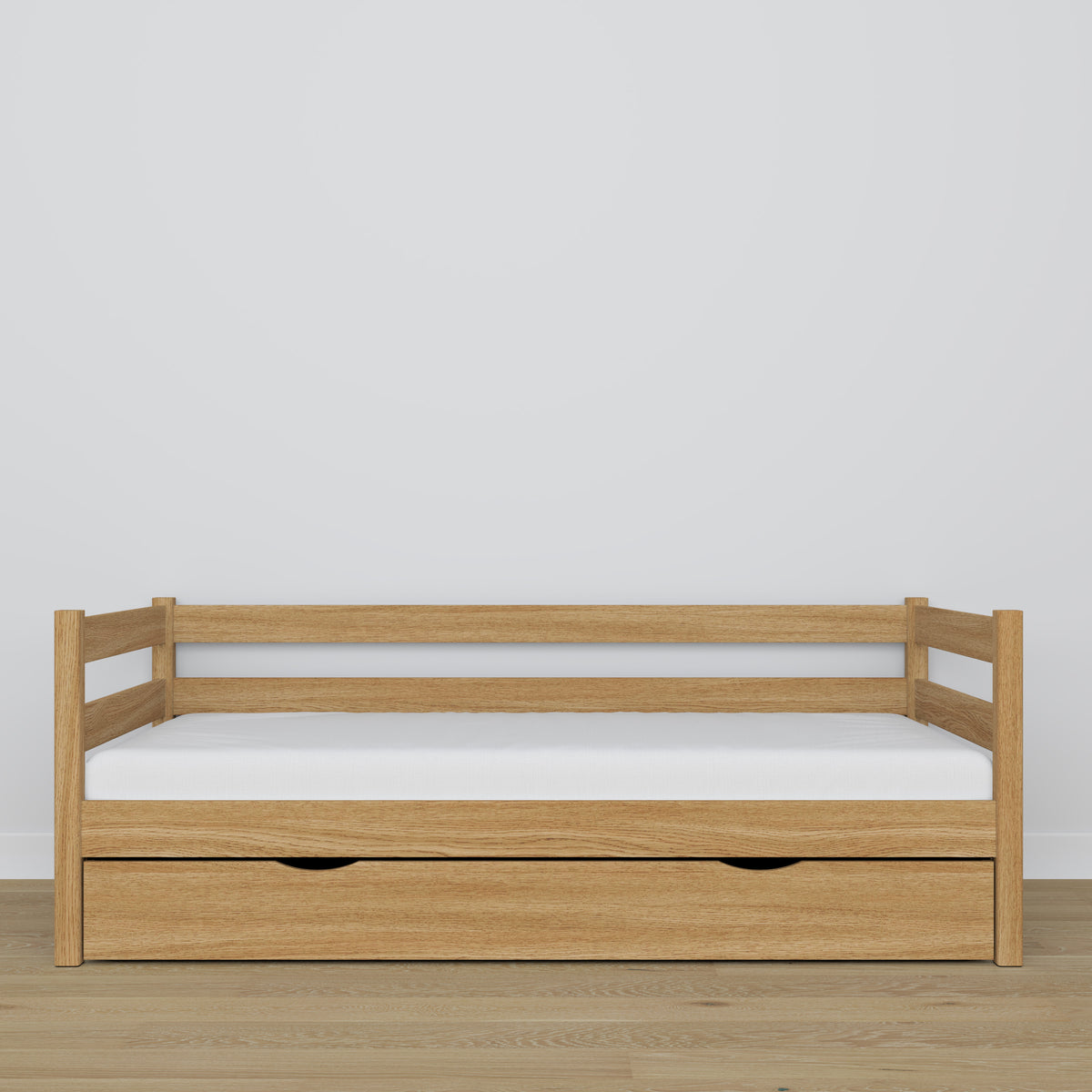 Natūralaus ąžuolo sofa-lova su stalčiumi iš ąžuolo - matmenys ir schema, Nizio