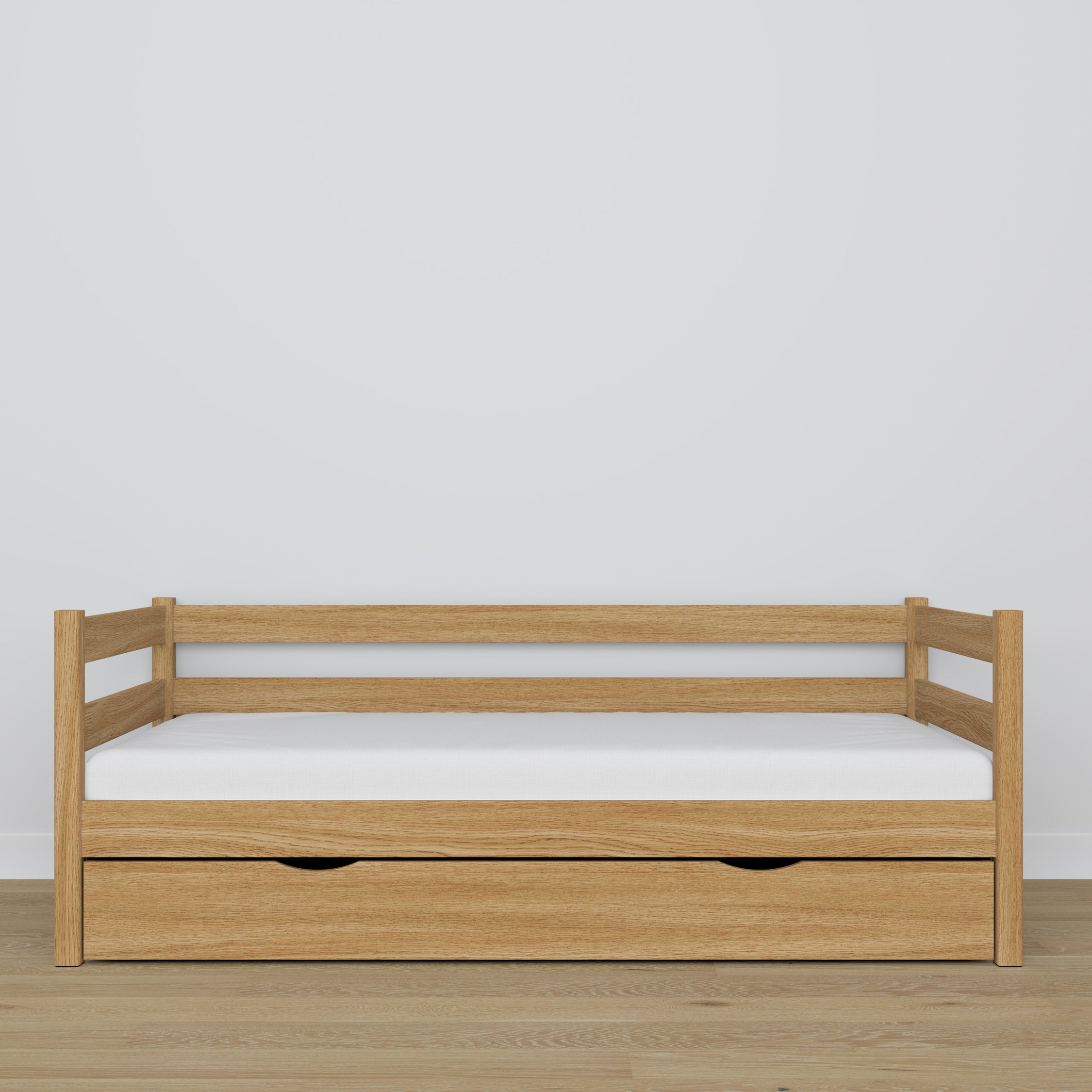 Natūralaus ąžuolo sofa-lova su stalčiumi iš ąžuolo - matmenys ir schema, Nizio
