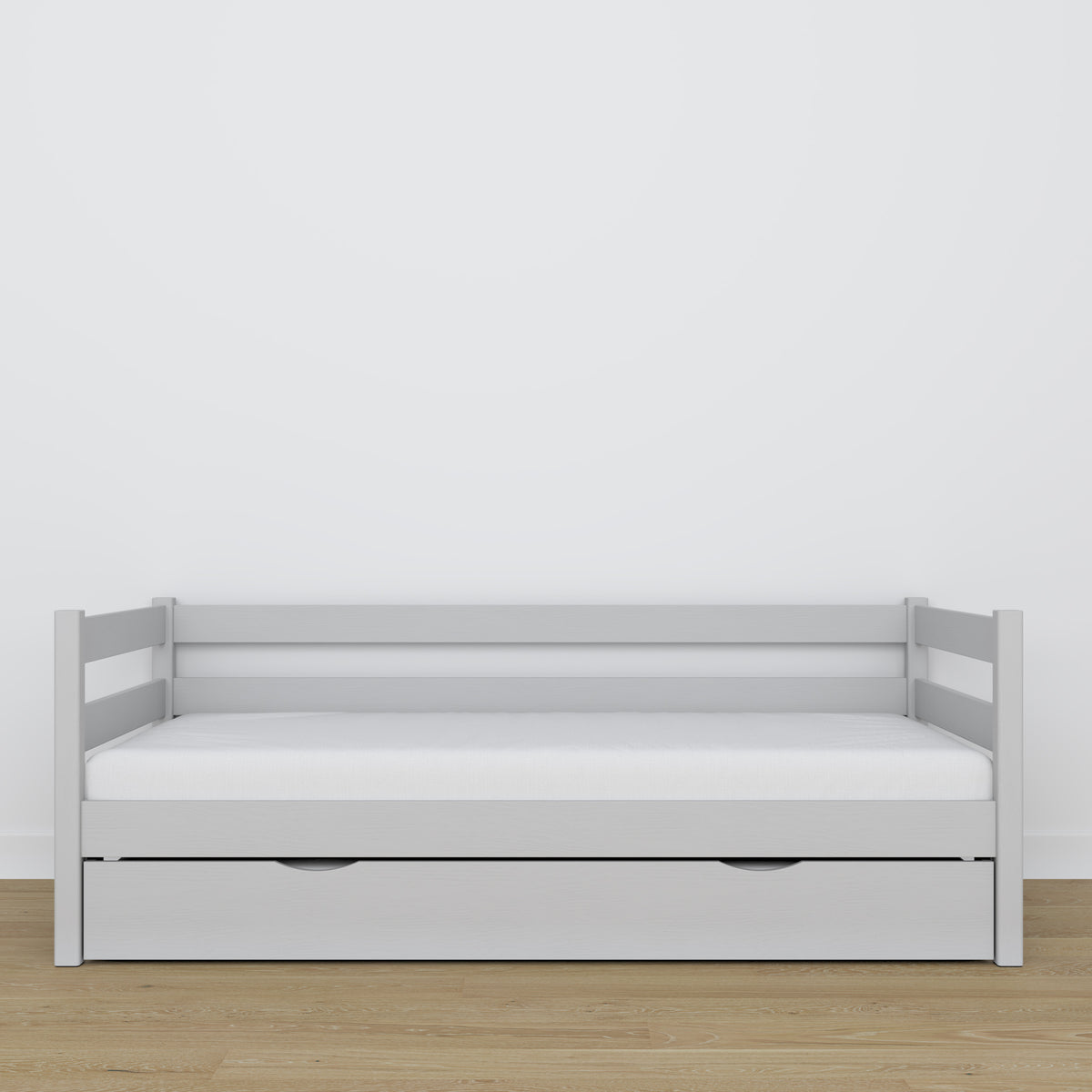 Sofa-lova su stalčiumi ant pilko medinio čiužinio - matmenys, Nizio