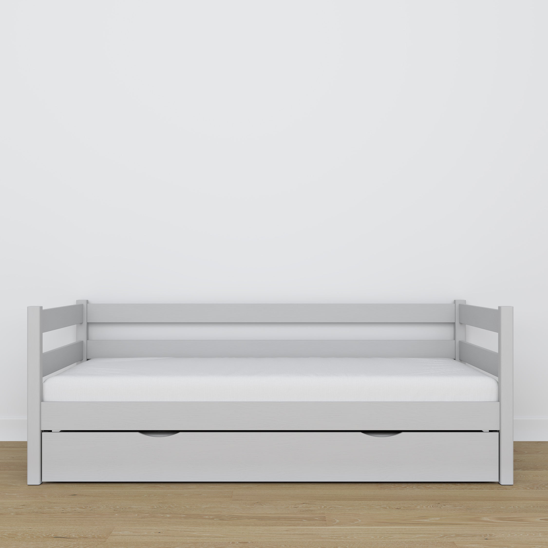 Sofa-lova su stalčiumi ant pilko medinio čiužinio - matmenys, Nizio