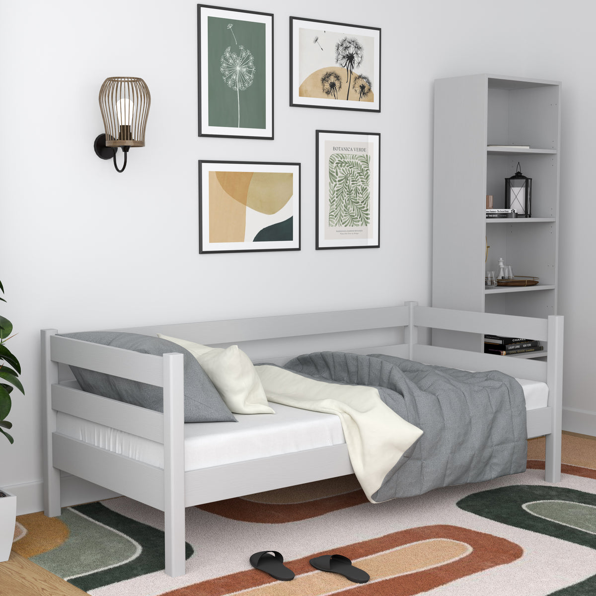 Łóżko sofa popielaty w pokoju dziecięcym – aranżacja scandi, drewniane