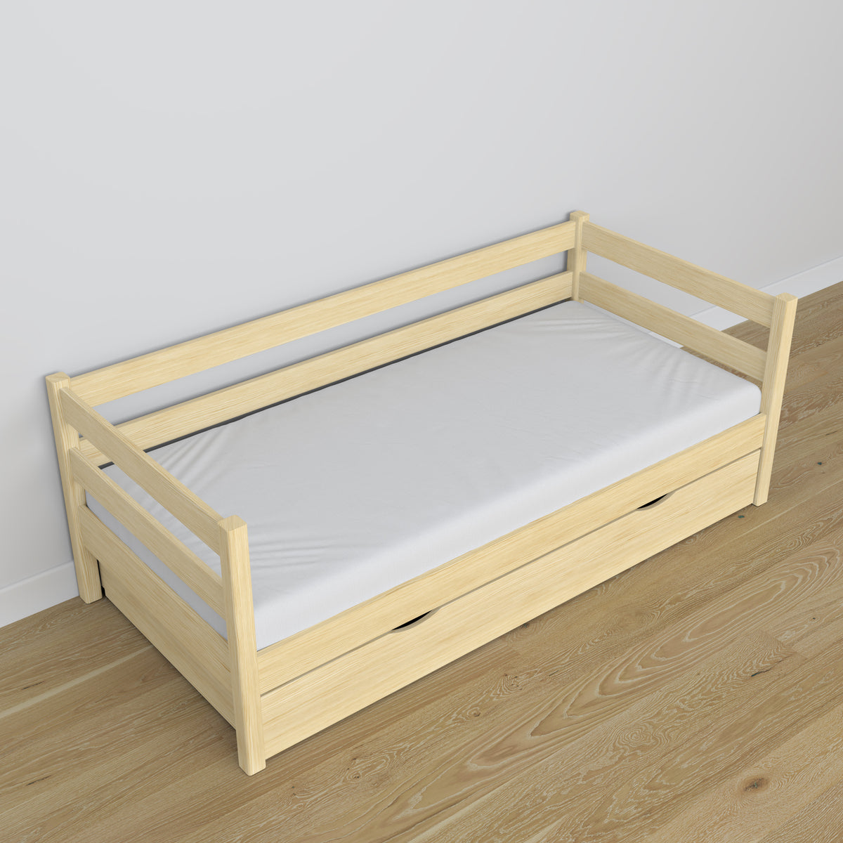 Medinė, bespalvė pušinė sofa-lova su stalčiumi - vaikų kambarys, skani išdėstymas