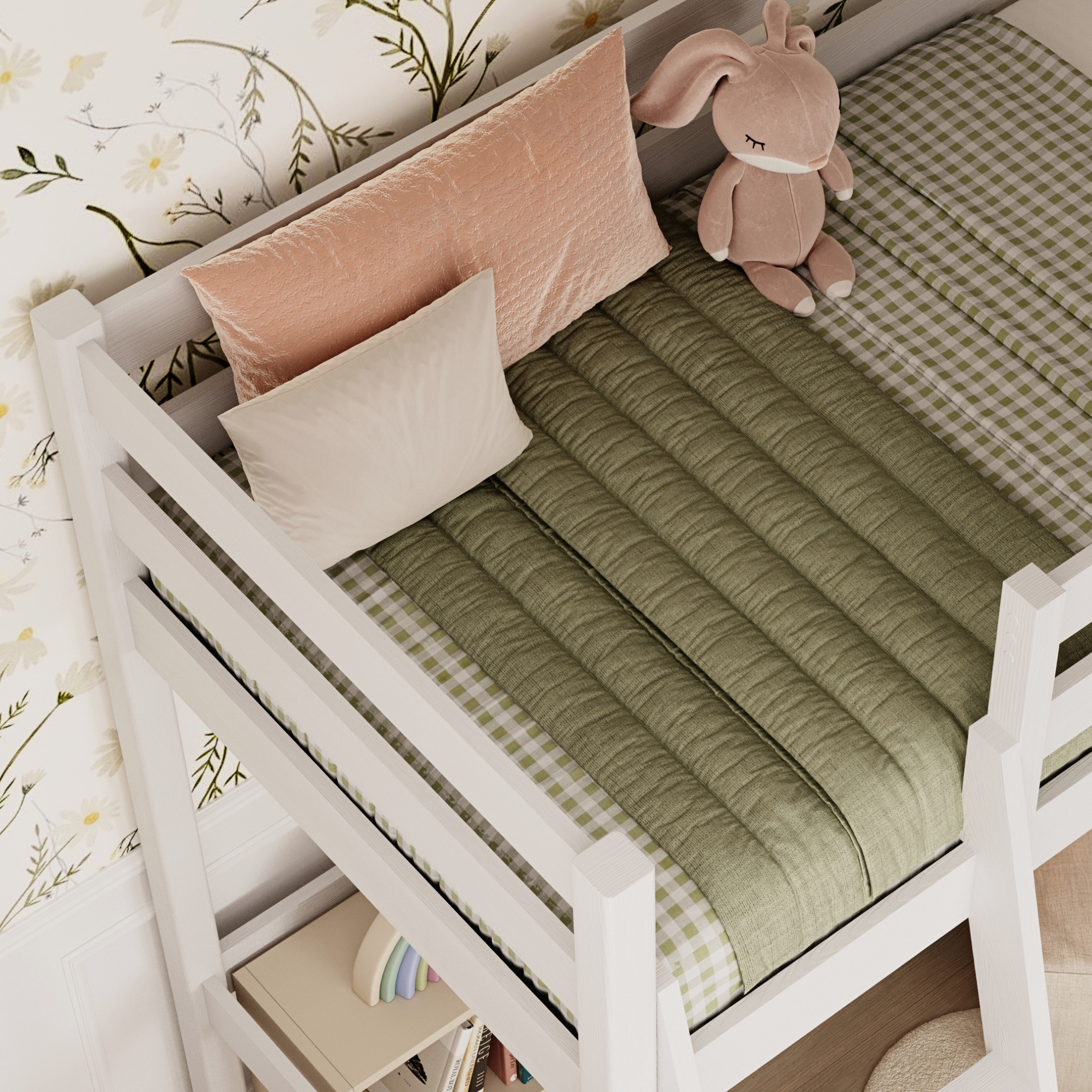 Balta medinė antresolinė lova - sandūrų ir kopėčių detalės, Nizio Home