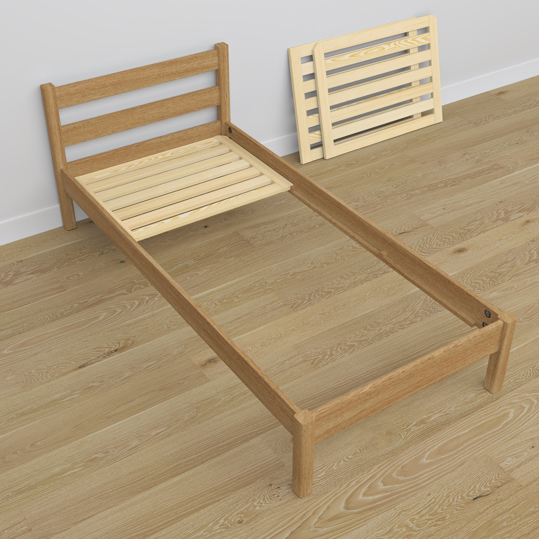 Single oak bed natural oak – angled view, scandi children’s room