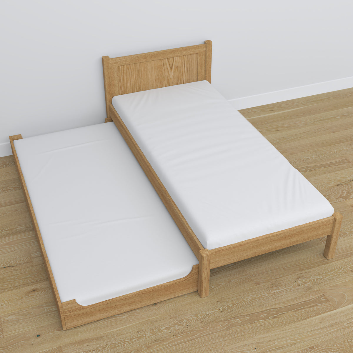 Bed with mattress drawer natural oak made of oak – dimensions, Nizio