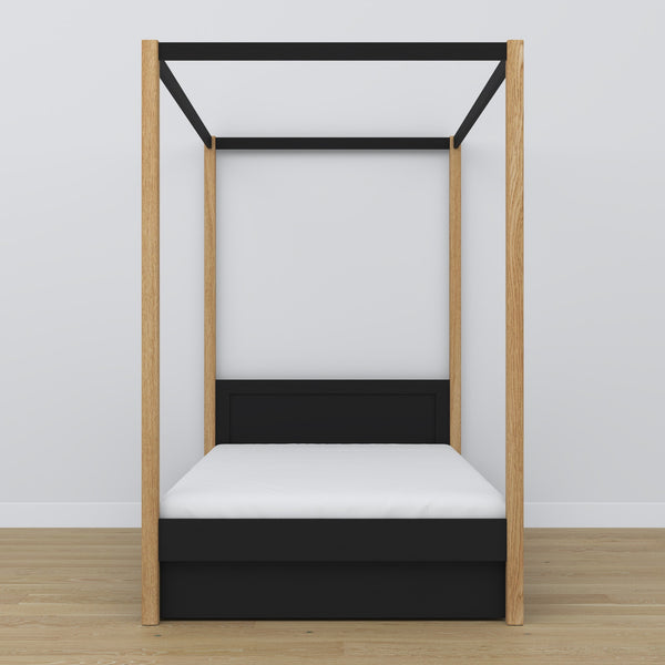 Black and Oak Canopy Bed – Open Drawer, Wooden, Nizio Home