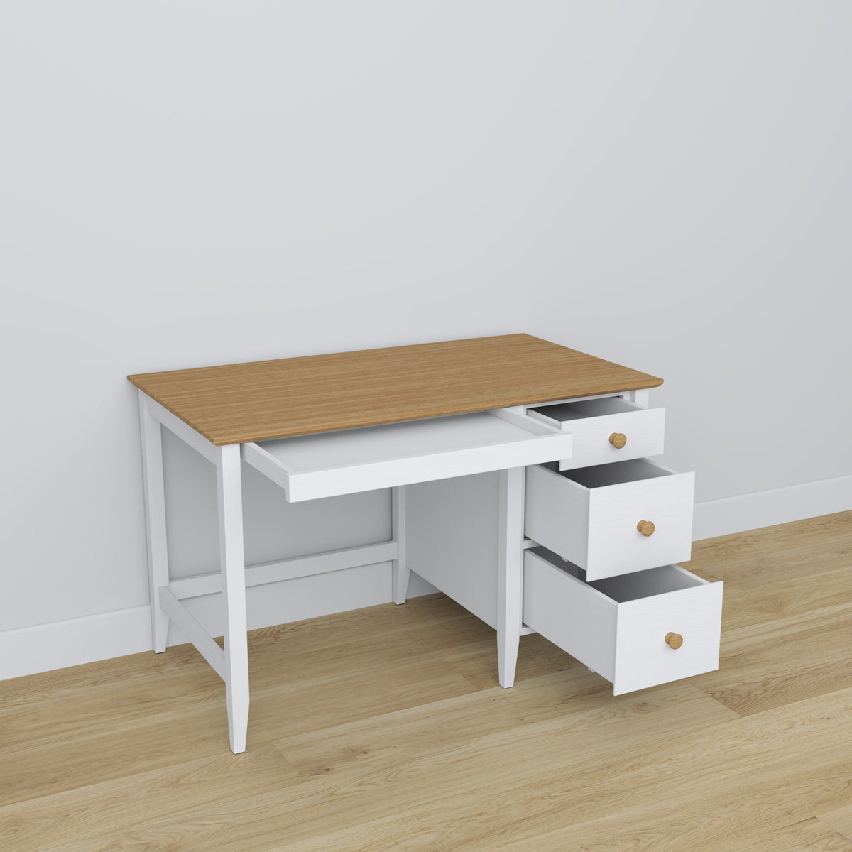3S baltas rašomasis stalas su ąžuolu - medinis, kompaktiškas viršus, vaizdas iš priekio, Nizio